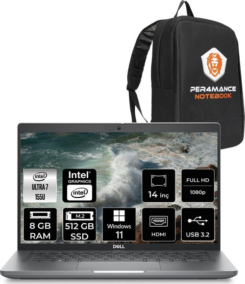 Latitude 5450 Ultra 7 155U 8Gb 512Gb Ssd 14'' Fhd W11H Taşınabilir Bilgisayar & Per4 Çanta