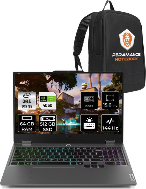 Loq İ5-12450Hx 64Gb 512Gb Ssd Rtx4050/6Gb 15.6" Fhd 144Hz Fdos & Per4 Çanta
