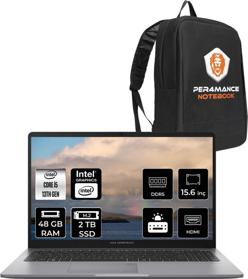Expertbook P1 Intel Core İ5 13420H 48Gb 2Tb Ssd 15.6" Fhd Fdos Dizüstü Bilgisayar & Per4 Çanta