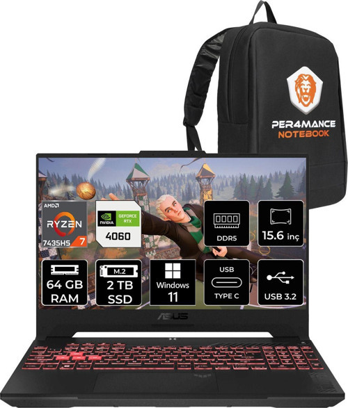 Tuf Gaming A15 R7 7435Hs 64Gb 2Tb Ssd Rtx4060/8Gb 144Hz 15.6" Fhd W11H & Per4 Çanta