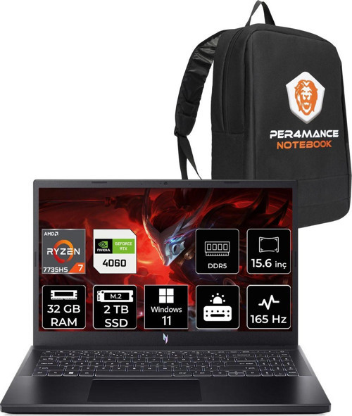 Nitro V15 R7-7735Hs 32Gb 2Tb Ssd Rtx4060/8Gb 15.6'' 165Hz Fhd W11H & Per4 Çanta