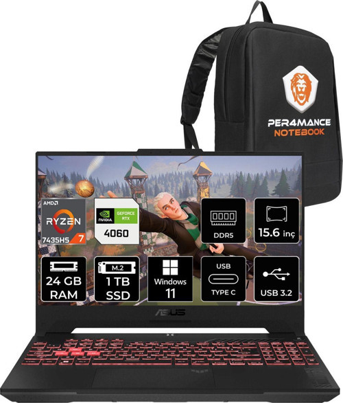Tuf Gaming A15 R7 7435Hs 24Gb 1Tb Ssd Rtx4060/8Gb 144Hz 15.6" Fhd W11P & Per4 Çanta