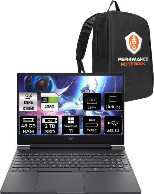 Victus 15 İ5 12500H 48Gb 2Tb Ssd Rtx4060/8Gb 144Hz 15.6'' Fhd W11H Gaming Laptop & Per4 Çanta