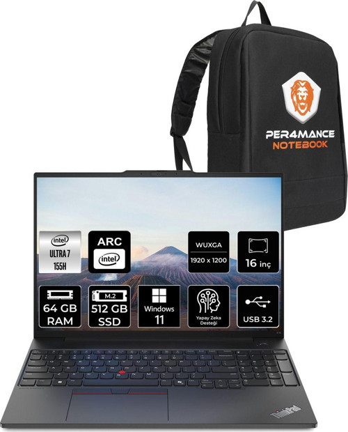 Thinkpad E16 G2 Ultra 7 155H 64Gb 512Gb Ssd 16'' Wuxga W11H 21Ma002Utx & Per4 Çanta