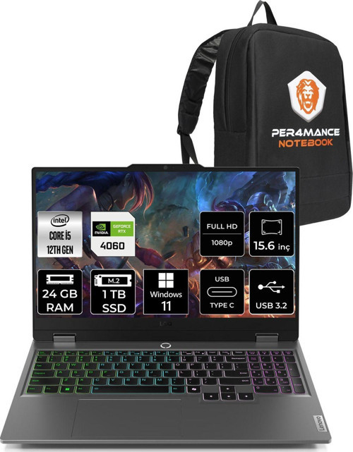 Loq 15Iax9 İ5-12450Hx 24Gb 1Tb Ssd 105W Rtx4060/8Gb 15.6" Fhd W11H & Per4 Çanta