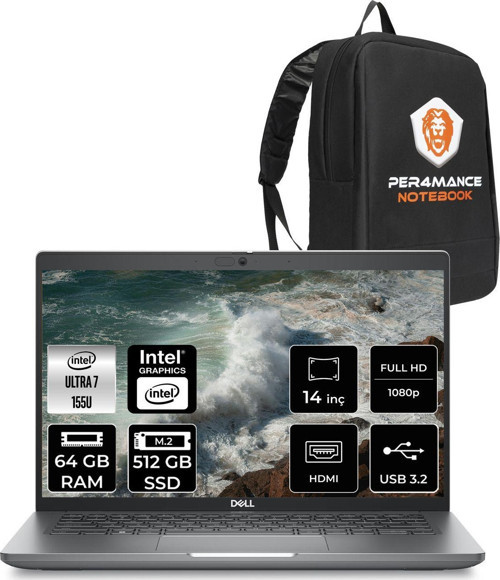 Latitude 5450 Ultra 7 155U 64Gb 512Gb Ssd 14'' Fhd Fdos Taşınabilir Bilgisayar & Per4 Çanta