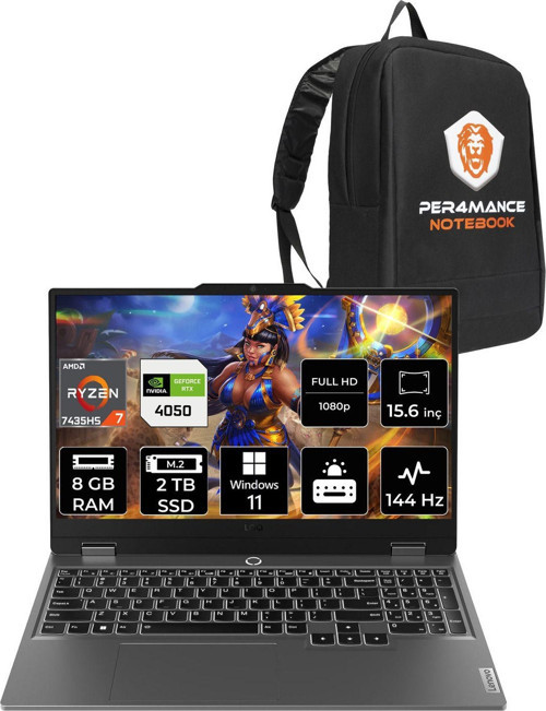 Loq R7 7435Hs 8Gb 2Tb Ssd Rtx4050/6Gb 105W 144Hz Fhd 15.6" W11H Gaming Laptop & Per4 Çanta