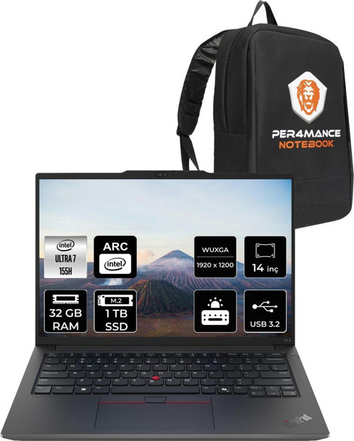 Thinkpad E14 Ultra7 155H 32Gb Ddr5 1Tb Ssd 14'' Fhd+ Fdos Dizüstü Bilgisayar & Per4 Çanta