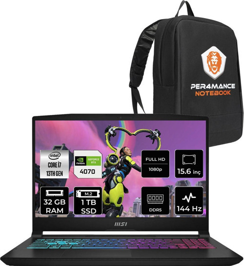 Katana 15 B13Vgk İ7 13620H 32Gb 1Tb Ssd Rtx4070/8Gb 105W 15.6" Fhd 144Hz Fdos & Per4 Çanta