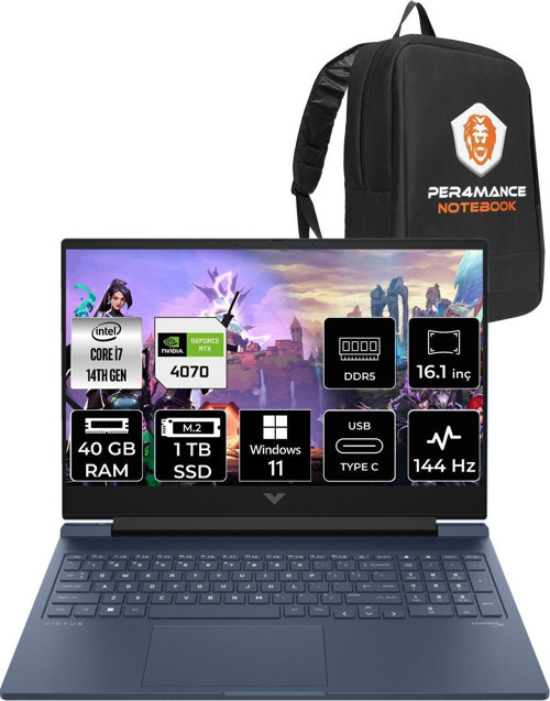 Victus 16 İ7-14700Hx 40Gb Ram 1Tb Ssd Rtx4070/8Gb 144Hz 16.1 Fhd W11Pro 9J221Ea & Per4 Çanta