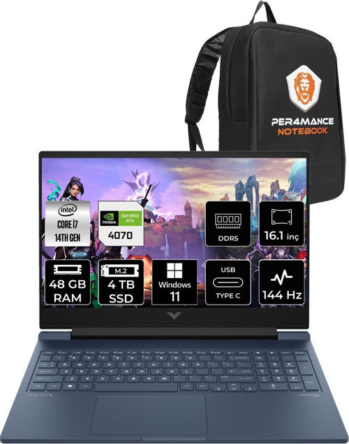 Victus 16 İ7-14700Hx 48Gb Ram 4Tb Ssd Rtx4070/8Gb 144Hz 16.1 Fhd W11Pro 9J221Ea & Per4 Çanta