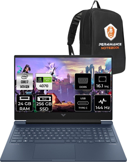 Victus 16 İ7-14700Hx 24Gb Ram 256Gb Ssd Rtx4070/8Gb 144Hz 16.1 Fhd Fdos 9J221Ea & Per4 Çanta