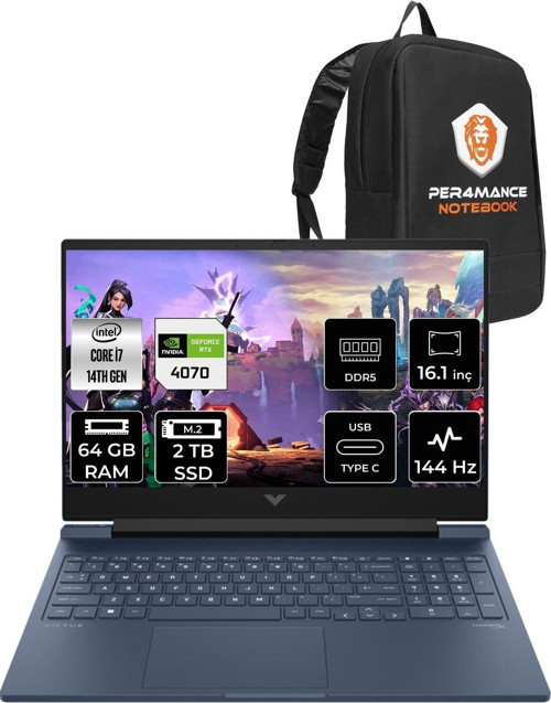 Victus 16 İ7-14700Hx 64Gb Ram 2Tb Ssd Rtx4070/8Gb 144Hz 16.1 Fhd Fdos 9J221Ea & Per4 Çanta