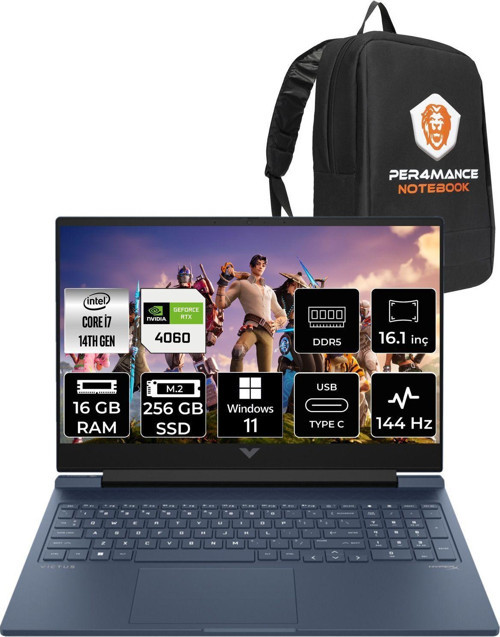 Victus 16 İ7-14700Hx 16Gb Ram 256Gb Ssd Rtx4060/8Gb 144Hz 16.1 Fhd W11Home 9J235Ea & Per4 Çanta