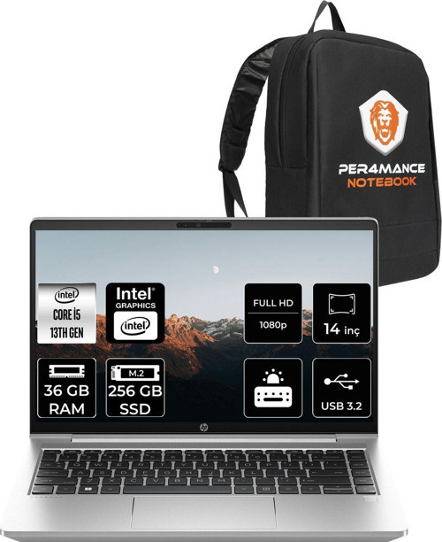 Probook 440 G10 Intel Core İ5 1335U 36Gb 256Gb Ssd 14" Fhd Fdos & Per4 Çanta