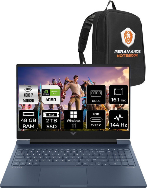 Victus 16 İ7-14700Hx 48Gb Ram 2Tb Ssd Rtx4060/8Gb 144Hz 16.1 Fhd W11Pro 9J235Ea & Per4 Çanta