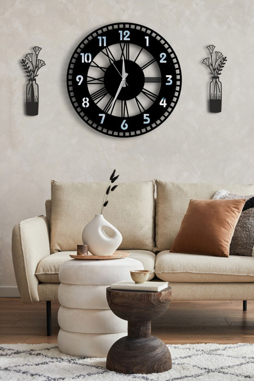 Modern Dekoratif Gümüş Aynalı Duvar Saati Vazo Desenli Tablo Seti - 48 cm Yuvarlak Ahşap Pilli Saat