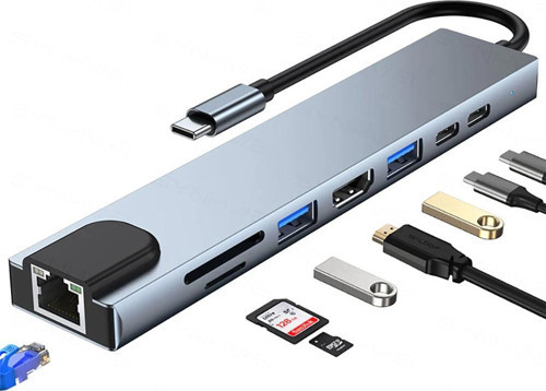 8in1 USB Type-C Hub Port Adaptör HDMI USB Ethernet 100W PD Girişli