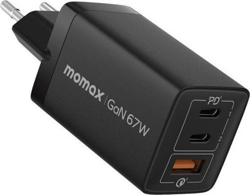 Momax OnePlug 67W 3-Portlu Gan Duvar Şarj Cihazı Adaptör Siyah