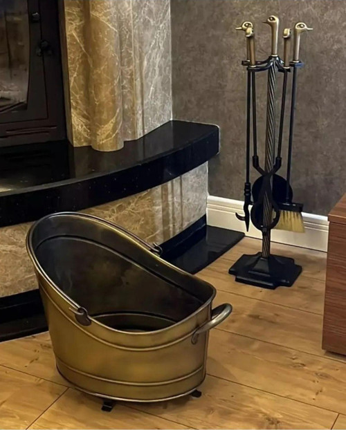 Luckyhomes Özel Üretim Dekoratif Şömine Aksesuar Seti, Ördek Maşa Kürek Takımı,Odun Kovası Gold 5 Parça Metal