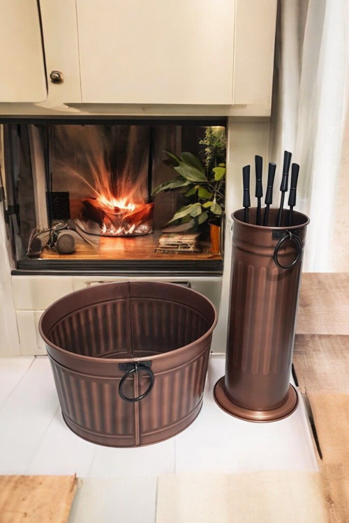 Luckyhomes Şömine Seti Antik Bakır Odun Kovası Sepeti Ve Maşa Kürek Takımı,Şemsiyelik 42 Cm Metal