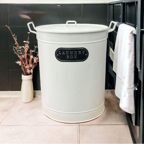 Luckyhomes Özel Üretim Metal Kapaklı Oval Gri Çamaşır Sepeti , Metal Kirli Çamaşır Sepeti 51 Cm Paslanmaz