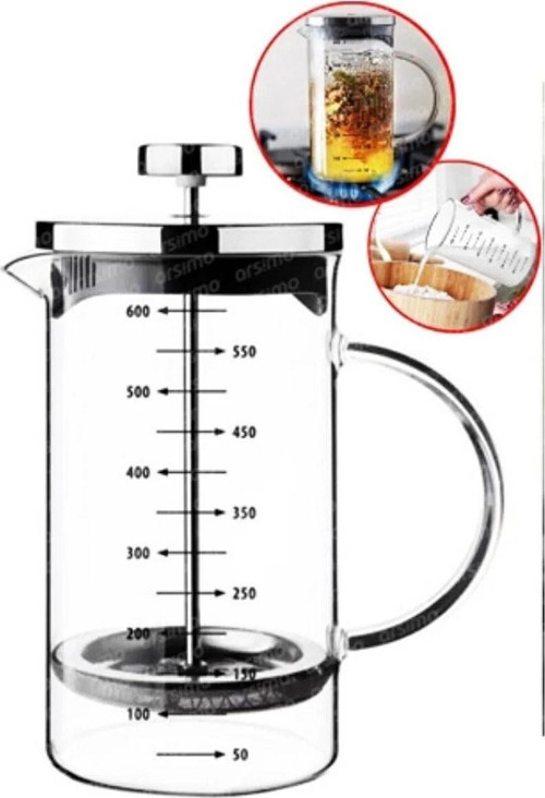 Luckyhomes 600Ml 3 Ü 1 Arada (Ateşe Dayanıklı) French Press Demlik, Ölçü Kabı Metal Kapaklı French Bitki Çayı