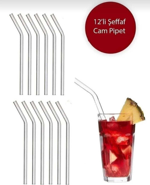 Glz Collection 12 Parça Şeffaf Cam Eğimli Pipet Kokteyl Sunum Pipetleri Yıkanabilir, Isıya Dayanıklı Eğimli Pipet