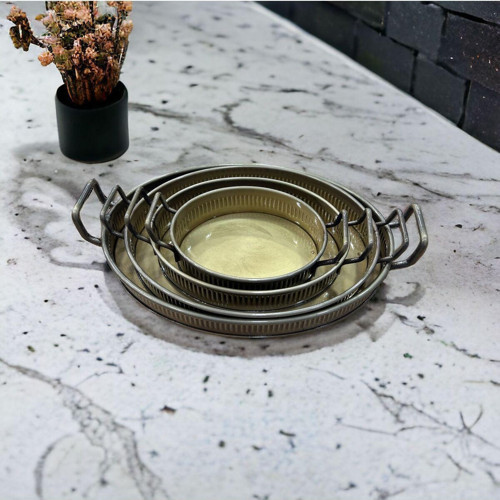 Luckyhomes Galvaniz Gold Kaplama 4Lü Tepsi, Dekoratif 4 Lü Gold Tepsi 19X12 24X15 30X20 35X22