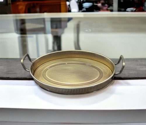 Luckyhomes Oval Çubuk Baskı Spiral Kulp Dekoratif Tepsi Gold 22X31