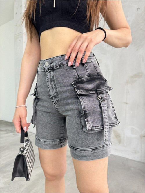 Kadın Füme Kargo Cepli Yüksek Bel Esnek Şort Jeans Füme 40