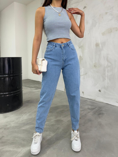 Kadın Esnek/Likralıyüksek Bel Mom Jeans Mavi 38