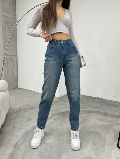 Kadın Esnek/Likralıyüksek Bel Mom Jeans Efektli Mavi 38