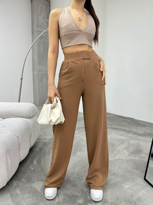 Kadın Taba Likralı Cırt Kapama Palazzo Geniş Paça Pantolon Taba 3XL