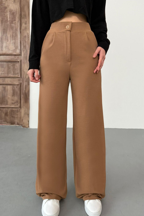 Kadın Taba Likralı Palazzo Salaş Geniş Paça Pantolon Taba 3XL