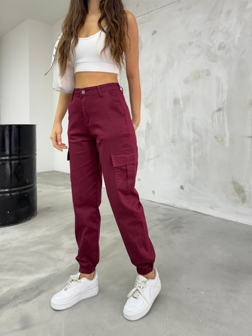 Bordo Kargo Cepli Gabardin Kumaş Pantolon Bordo XS