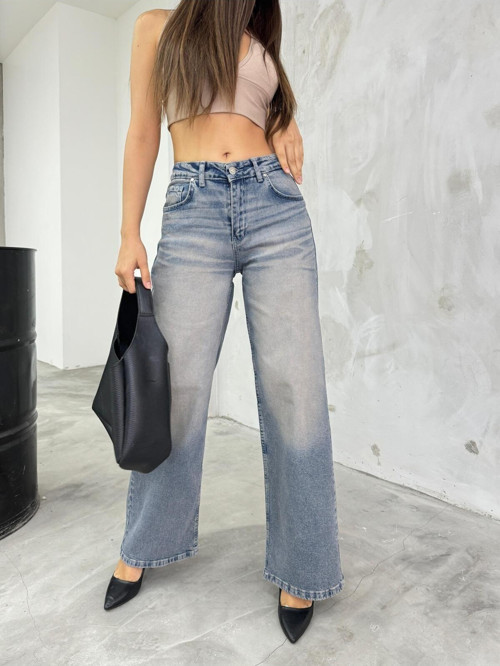 Kadın Bol Kesim Soluk Efekt Straight Fit Baggy Jean Buz Mavisi L/40