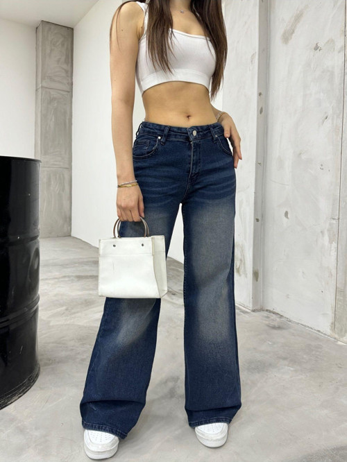 Kadın Bol Kesim Soluk Efekt Straight Fit Baggy Jean Koyu Mavi S/36