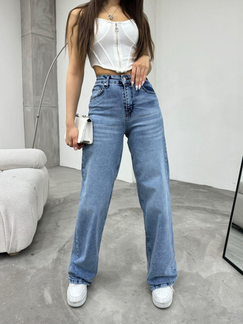 Kadın Soluk Efekt Vintage Yüksek Bel Wide Leg Jeans Açık Mavi XL