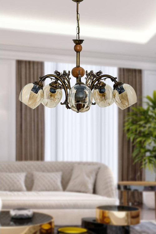 Beş Kollu Ahşaplı Eskitme Lale Zamak Avize Bal Rengi Camlı 20x65 cm