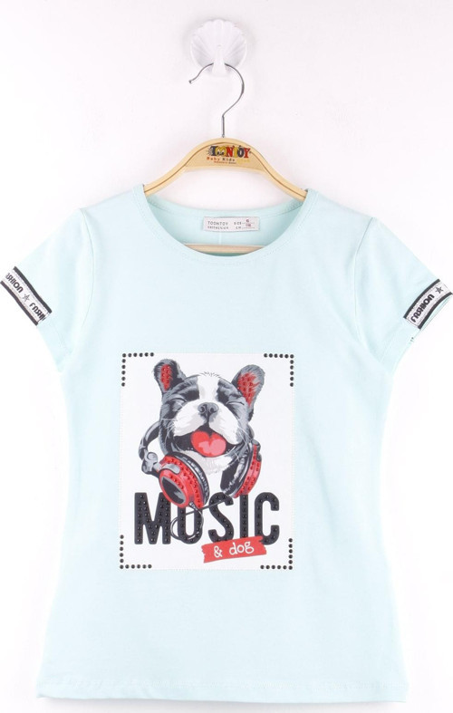 Toontoy Kız Çocuk Kol Kulaklıklı Köpek Baskılı Tişört
