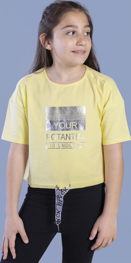 Toontoy Kız Çocuk Crop Model Kordon Detaylı Varak Baskılı Tişört