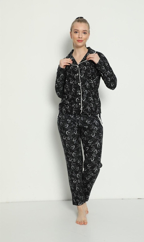 Kadın Süet Boydan Düğmeli Pijama Takımı - 5660-16 Siyah-XL