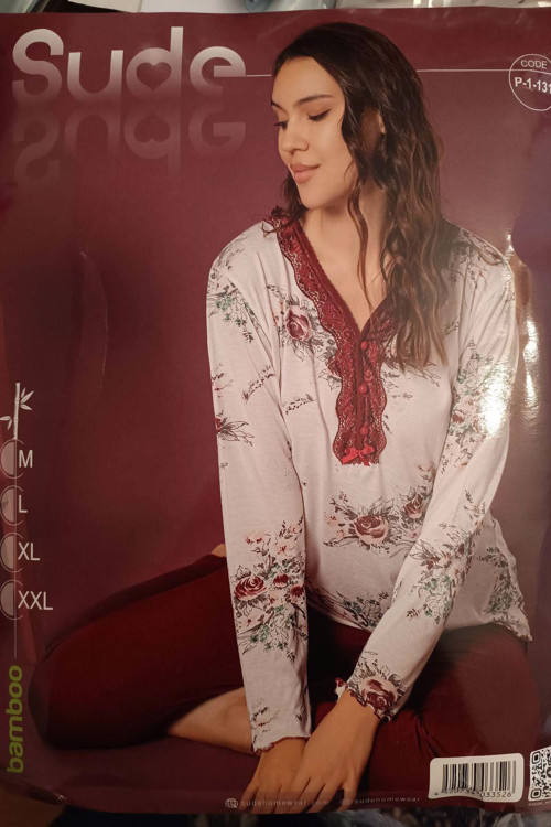 Kadın Bambu Uzun Kol İnce Pijama Takımı P-131 - 1 Adet Bordo-2XL