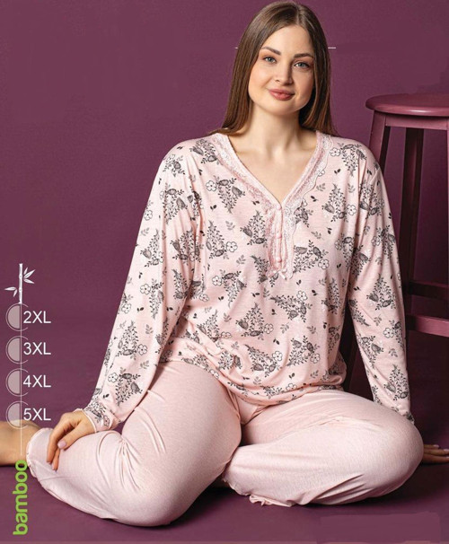 Kadın Bambu Pudra Büyük Beden Uzun Kol Pijama Takımı P3147 - 1 Adet Pudra-3XL
