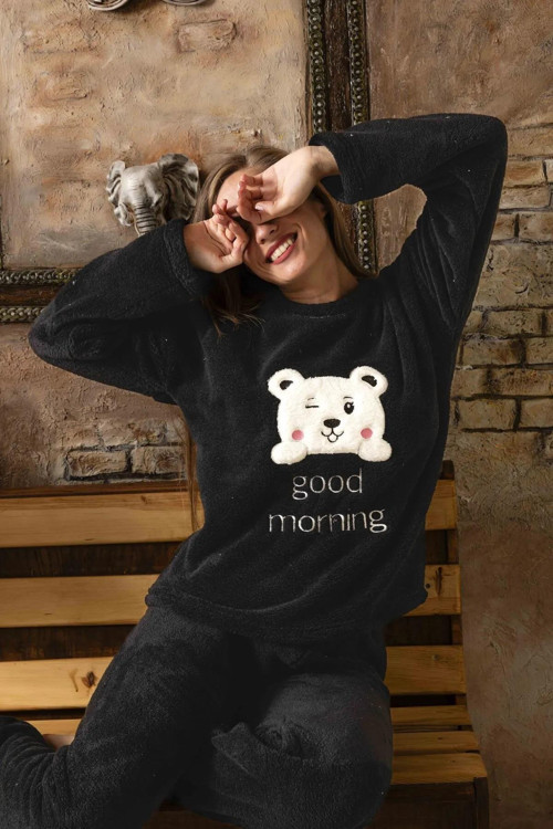 Charme Kadın Kışlık Peluş Pijama Takımı K-200-472 - 1 Adet Siyah-S