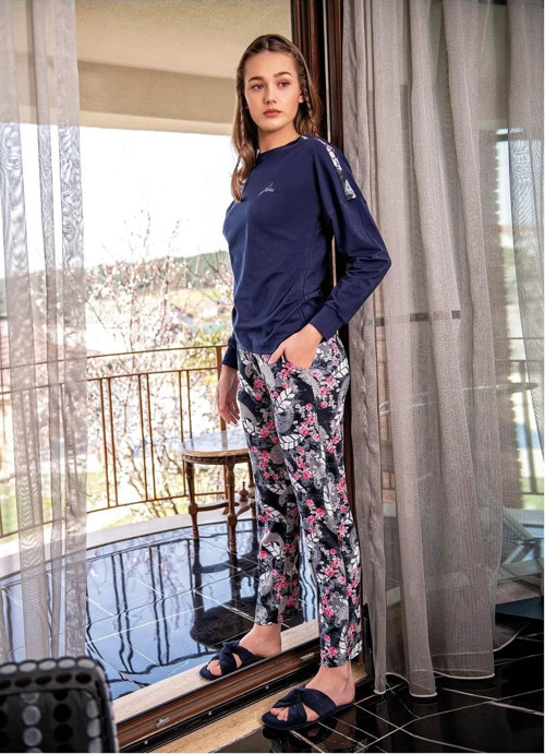 Kadın Bisiklet Yaka Kışlık Pijama Takımı 10092 - 1 Adet Lacivert-L