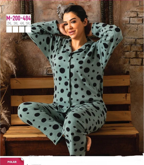 Kadın Büyük Beden Kışlık Polar Gömlek Yaka Pijama Takımı M 200/484 - 1 Adet Yeşil-4XL