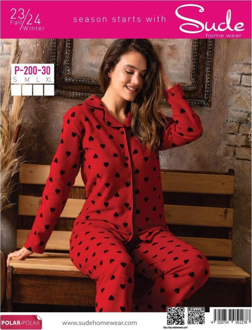 Kadın Gömlek Önden Düğmeli Polar Desenli Pijama Takımı P200/30 - 1 Adet Kırmızı-XL
