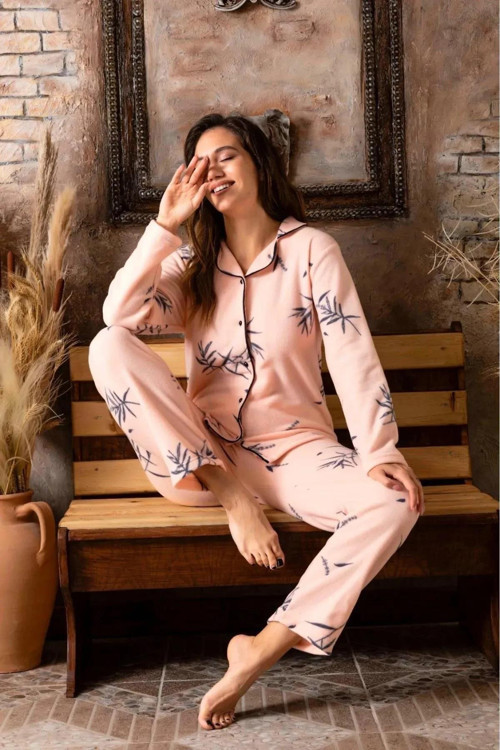 Kadın Gömlek Önden Düğmeli Polar Desenli Pijama Takımı P200/9 - 1 Adet Pudra-M